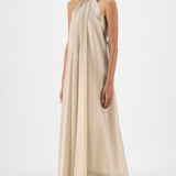 Amit Aggarwal Metallic Fluid Halter Dress Beige