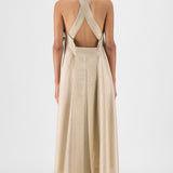 Amit Aggarwal Metallic Fluid Halter Dress Beige