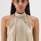 Amit Aggarwal Metallic Fluid Halter Dress Beige