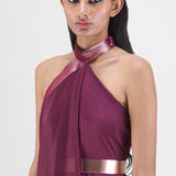 Amit Aggarwal Metallic Halter Fluid Dress Plum