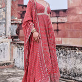 Arvia Printed Mul Anarkali Set - Red