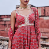 Arvia Printed Mul Anarkali Set - Red