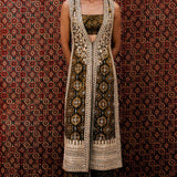 Souheir Ajrakh Printed Silk Tabard Set - Olive
