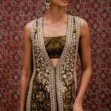 Souheir Ajrakh Printed Silk Tabard Set - Olive