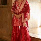 Khevna Benarasi Silk Sharara Set - Red