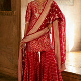 Khevna Benarasi Silk Sharara Set - Red