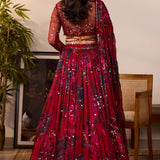 Red Chiffon Floral Lehenga Set
