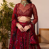 Red Chiffon Floral Lehenga Set