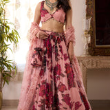 Pink Chiffon Floral Lehenga Set