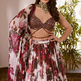 White and Pink Chiffon Floral Lehenga