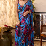 Blue Chiffon Floral Saree
