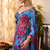 Blue Chiffon Floral Saree