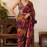 Yellow Chiffon Floral Saree Set
