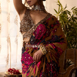 Yellow Chiffon Floral Saree Set