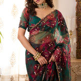 Green Organza Floral Saree Set