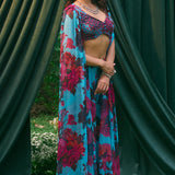 Turquoise Chiffon Floral Pant and Cape Set