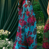 Turquoise Chiffon Floral Pant and Cape Set