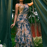 Teal Blue Chiffon Floral Frill Saree