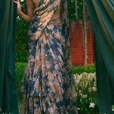 Teal Blue Chiffon Floral Frill Saree