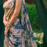 Teal Blue Chiffon Floral Frill Saree