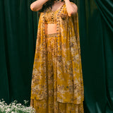Mustard Floral Cape With Flared Pants