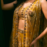 Mustard Floral Cape With Flared Pants