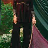 Black Velvet Embellished Peplum Pant Set
