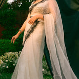 White and Black Thread Work Saree Set
