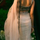 White and Black Thread Work Saree Set