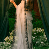 White and Black Thread Work Saree Set