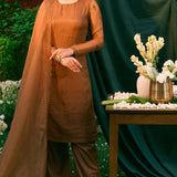 Mustard Organza Thread Work Kurti Set