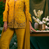 Mustard Open Front Short Kurti Set