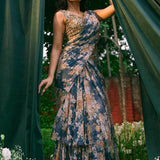 Teal Blue Chiffon Floral Frill Saree