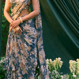 Teal Blue Chiffon Floral Frill Saree