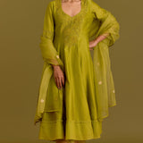 Green Silk Chanderi Anarkali set