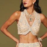 Cream Embroidered Net Lehenga Set