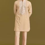 Beige Woven Embroidered Kurta Set
