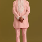 Pink Woven Embroidered Kurta Set