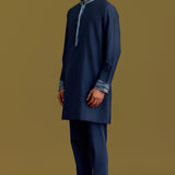 Blue Cotton Silk Embroidered Kurta Set