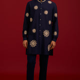 Navy Cotton Silk Embroidered Kurta Set