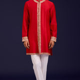 Red Chanderi Cotton Embroidered Kurta Set