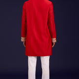 Red Chanderi Cotton Embroidered Kurta Set