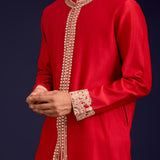 Red Chanderi Cotton Embroidered Kurta Set