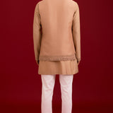 Beige Linen Satin Embroidered Bundi Set