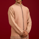 Beige Linen Satin Embroidered Bundi Set