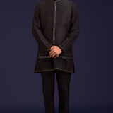 Black Linen Satin Embroidered Bundi Set