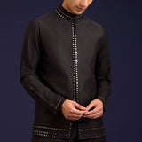 Black Linen Satin Embroidered Bundi Set