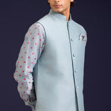 Light Blue Linen Satin Bandhej Bundi Set