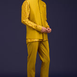 Mustard Linen Satin Bandhej Bundi Set