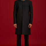 Black Cotton Silk Sherwani Set
